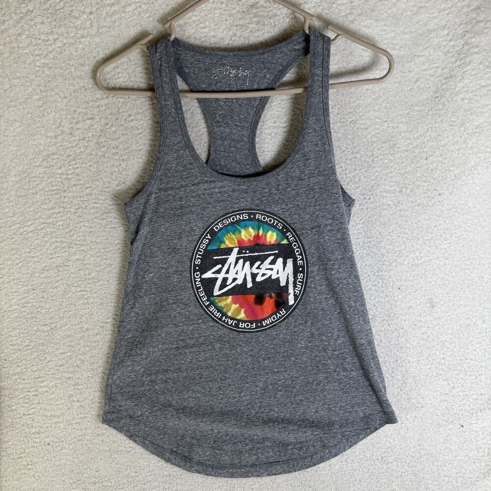 Stussy Tank Top Womens Small Gray Racerback Tie Dye Reggae Surf Graphic